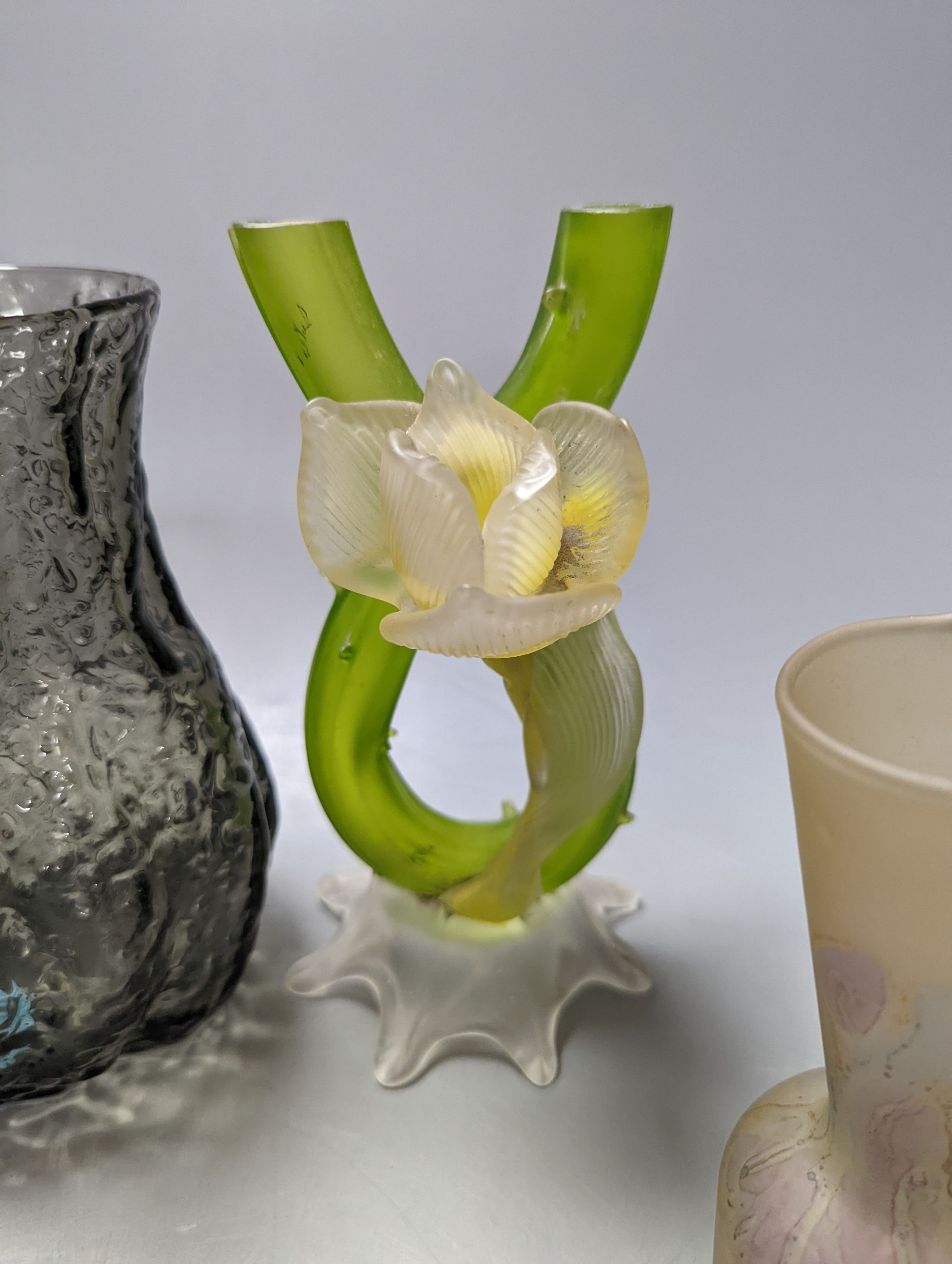 A Whitefriar's glass vase and three glass ornaments 20cm